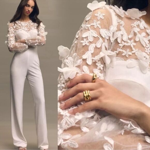 Dress the Population Mila Long Sleeve White Lace Jumpsuit 3d flowers